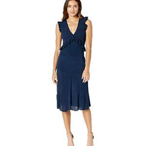 BCBG Maxazria Ruffle Trimmed Knit Sweater Dress Navy Blue Sz Small Deep V Neck